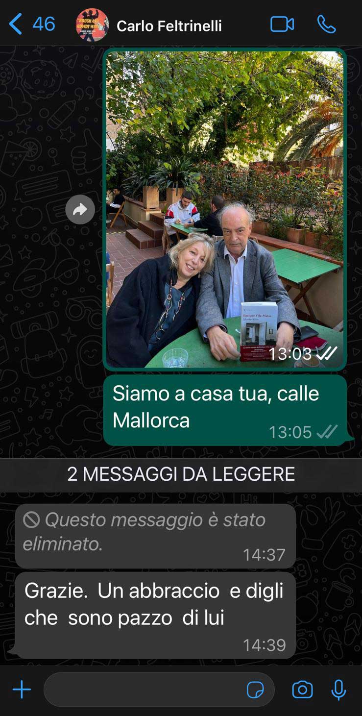 Carlo Feltrinelli en mensaje a Elena LIverani en el jardín de La Central