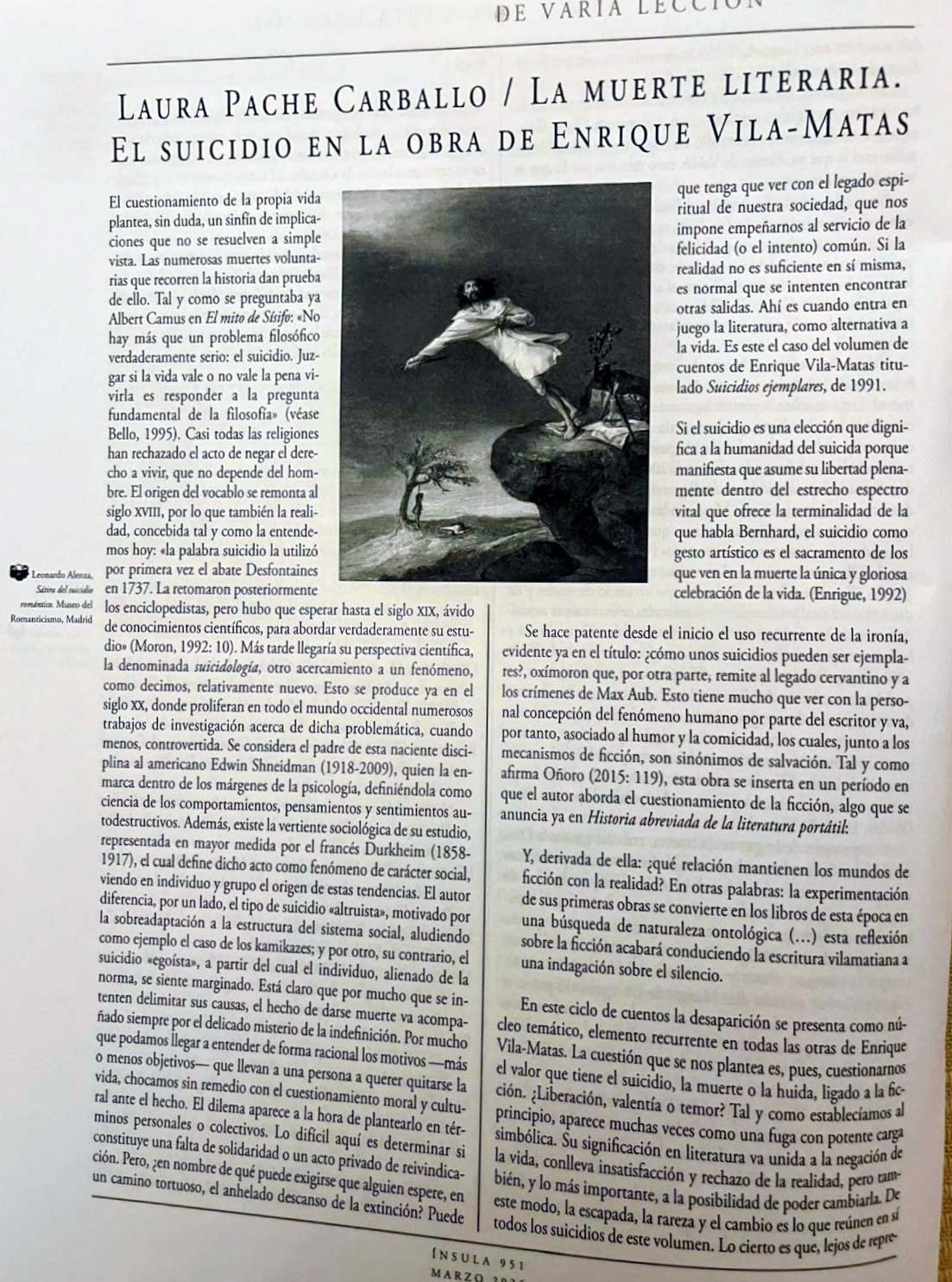 Laura Pache: LA MUERTE LITERARIA / EL SUICIDIO EN LA OBRA DE ENRIQUE VILA-MATAS. Ínsula, 951 Laura Pache: LA MUERTE LITERARIA / EL SUICIDIO EN LA OBRA DE ENRIQUE VILA-MATAS. Ínsula, 951